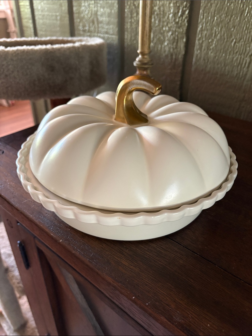 Cost Plus World Market Cream Pumpkin Covered Serving Dish with Gold Stem
